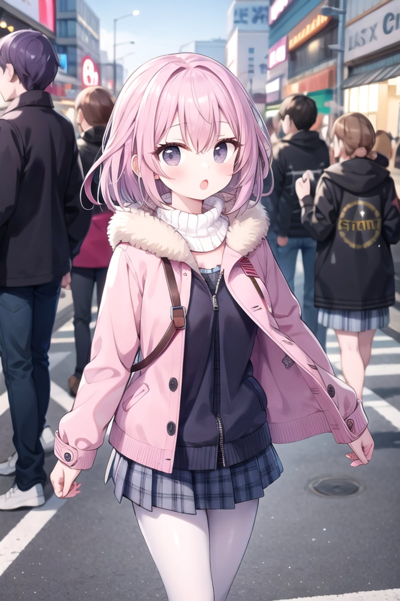 <lora:hotarumouth_type3_v100:1>insanely detailed, absurdres, ultra-highres, ultra-detailed, best quality,1girl, solo, nice hands, perfect handsBREAK(pink and white theme:1.4), (Wearing a (long sleeve pink coat with fur color) over a white high neck blouse:1.4), (fur cuffs:1.3), (double pillar button:1.3), (pocketless:1.4), (plain ivory-white pantyhose:1.4), (pink heeled boots with lace-up:1.2)    BREAK    (wine-red pleated skirt:1.3)    BREAK    (naked skin:-1), (See-through:-1), (pocket:-1), (black pantyhose:-1), (wine:-1), (red coat:-1), (white coat:-1), (red tops:-1), (white skirt:-1), (pink skirt:-1), (black skirt:-1), (text on clothes:-1), ((mark, logo, pattern) on pantyhose:-1), (tone pantyhose:-1), (bare shoulders:-1)BREAK(nsfw:-1.5)BREAKexpressionless, open mouthBREAK,standing, cowboy shot, looking at viewerBREAKslender, kawaii, perfect symmetrical face, ultra cute girl, ultra cute face, ultra detailed eyes, ultra detailed hair, ultra cute, ultra beautifulBREAKshibuya, akihabara, tokyo, street, crowd, cityscape, depth of field, ultra detailed backgroundBREAKmedium large breastsBREAK(purple hair, black eyes:1.2), french braids, hair between eyes