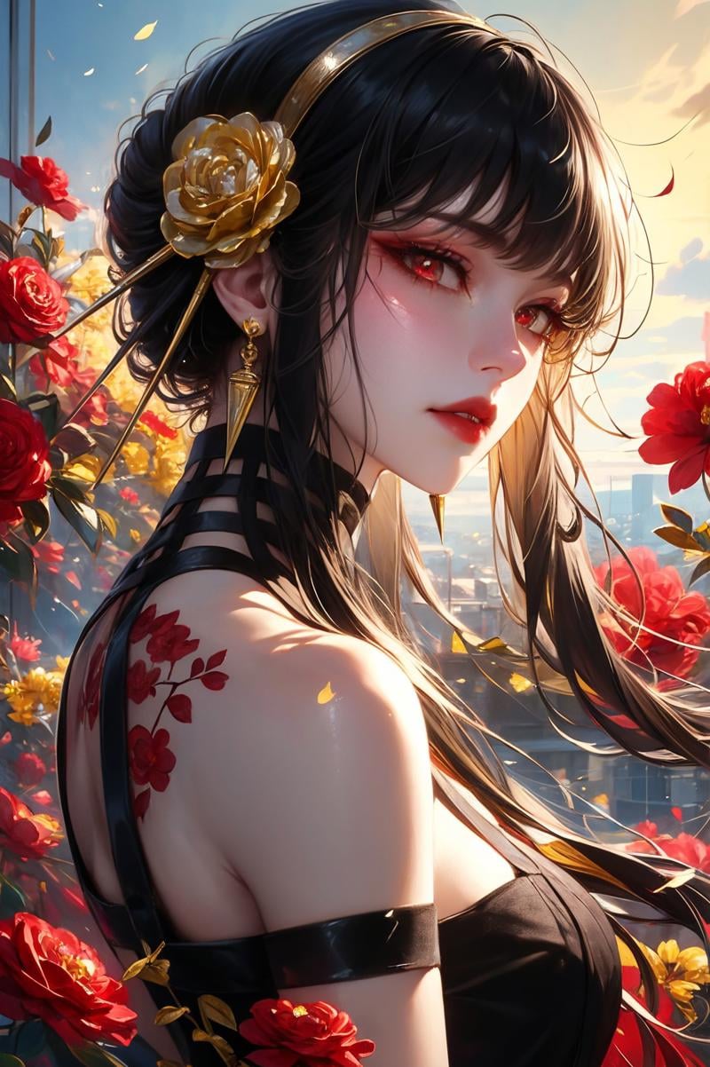 XUER Yor Forger,1girl,solo,flower,red eyes,jewelry,yor briar,earrings,rose,hairband,looking at viewer,black hair,hair ornament,red lips,parted lips,upper body,sidelocks,yellow flower,red flower,bare shoulders,bangs,long hair,hair flower,yellow hairband,gold hairband,eyelashes,lips,makeup,tattoo,red rose,looking back,A shot with tension,(Visual impact,giving the poster a dynamic and visually striking appearance:1.2),impactful picture,(masterpiece, best quality:1.2),offcial art,movie perspective,advertising style,magazine cover,very aesthetic,disheveled hair,very aesthetic,illustration,disheveled hair,perfect composition,moist skin,intricate details,<lora:绪儿 约尔福杰 XUER Yor Forger:0.8>,