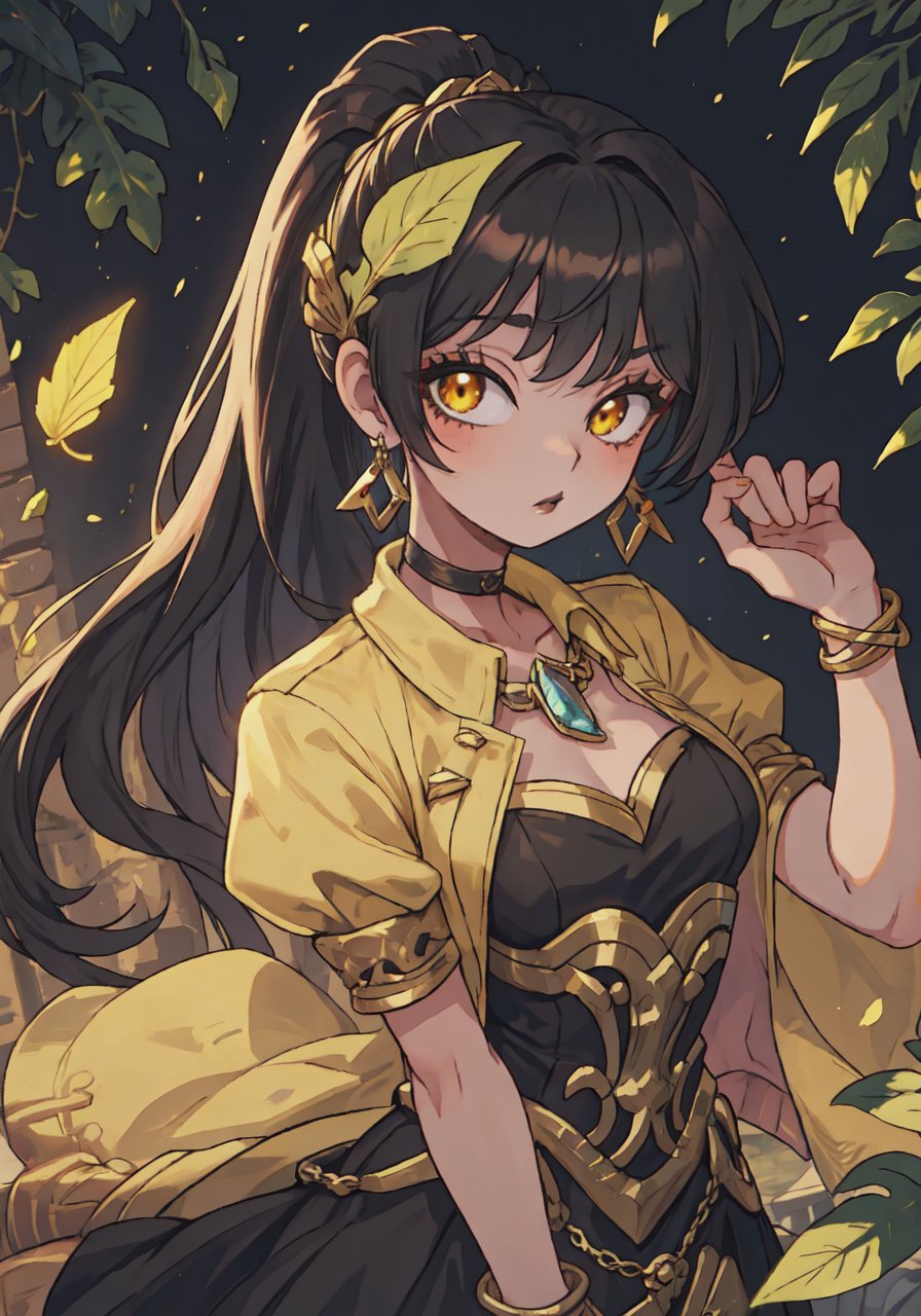 (Petite), (Metalwork/Baroque Leaf Scroll), 1girl, solo, earrings, jewelry, long hair, ponytail, looking at viewer, black lips, (Dress/long skirt), yellow eyes, black makeup, jacket, black hair, shiny, bangs, hair ornament, armlet, amber, 