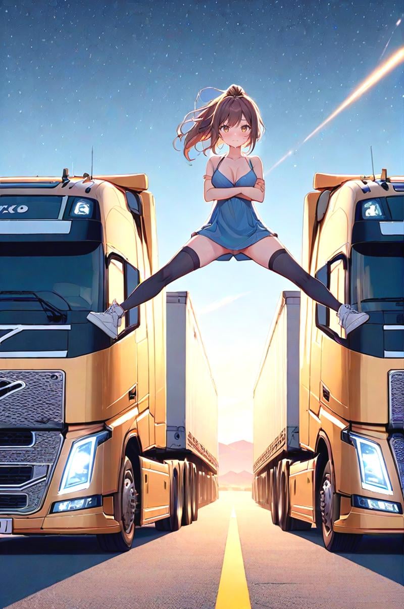 source_anime, score_9, score_8_up, score_7_up, score_6_up, score_5_up, score_4_up, masterpiece, best quality, very aesthetic, absurdres, wide shot, pantyshot, big truck, golden truck, epic split, split, crossed arms, spread legs, outstretched leg, sky, wind, volvo, desert road, center line, distant sierra, vanishing point, headlight, closed mouth, night, starry sky, solo, 1girl, cute, looking at viewer, brown hair, absurdly long hair, ponytail, hi-lo dress, panties, black thighhighs, sneakers, sweat, cleavage, shy, blush, slim figure, <lora:girllikeepicsplit_pony:1>