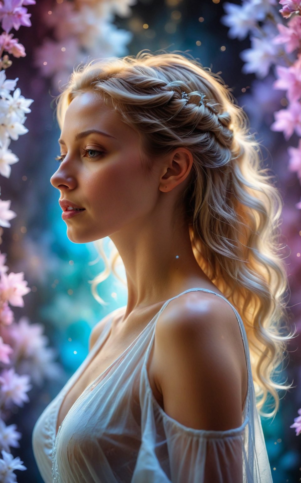 (best quality, 4K, 8K, high-resolution, masterpiece), ultra-detailed, photorealistic, glowing white silhouette of woman, ethereal colored background, soft lighting, dreamy atmosphere, digital art, artistic composition, high contrast.