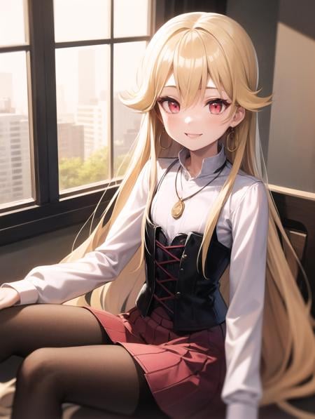 best quality, (masterpiece:1.2), illustration, absurdres,(1girl, solo), (beautiful detailed girl), (upper body, portrait),,<lora:Roselia-06:0.8>,  Roselia Millstein, blond hair, very long hair, red eyes, flat chest,necklace, earrings, white shirt, long sleeves, red laced corset, long skirt, red skirt, purple pantyhose,  brown boots,smile,inside trendy cafe, window, day, godrays, sunlight, buildings,