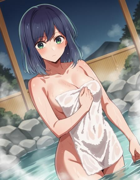 score_9, score_8_up, score_7_up, source_anime,akanekurokawa, <lora:akane-kurokawa-s1-ponyxl-lora-nochekaiser:1>,akane kurokawa, bangs, green eyes, blue hair, medium hair, dark blue hair,nude, naked, outdoors, onsen, towel, naked towel, steam, bathing, nude cover, partially submerged, water, bath, steam censor, wet towel, blush,looking at viewer, cowboy shot, dutch angle, solo,