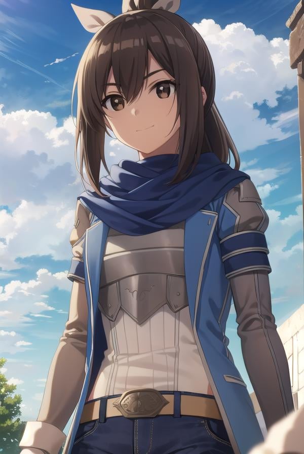 bofurisally, <lora:bofuri sally s2-lora-nochekaiser:1>, sally, long hair, brown hair, (brown eyes:1.5), ribbon, hair ribbon, ponytail, smile,BREAK gloves, shorts, scarf, blue scarf, shirt, white shirt, puffy sleeves, long sleeves, belt, denim shorts,BREAK outdoors, nature, forest, sun, sky, clouds, trees, grass,BREAK looking at viewer,BREAK <lyco:GoodHands-beta2:1>, (masterpiece:1.2), best quality, high resolution, unity 8k wallpaper, (illustration:0.8), (beautiful detailed eyes:1.6), extremely detailed face, perfect lighting, extremely detailed CG, (perfect hands, perfect anatomy),