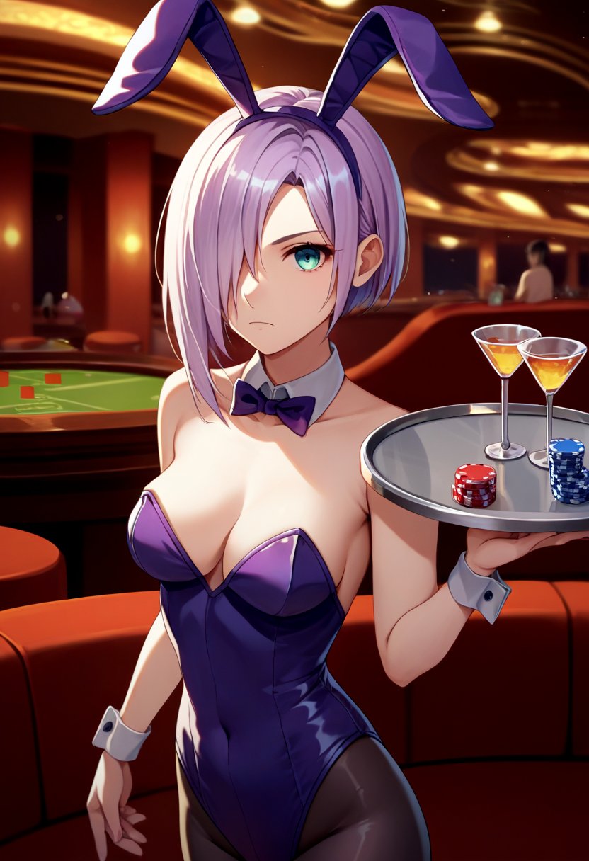 score_9, score_8_up, score_7_up, source_anime, solo, 1girl, gflmg5, expressionless, looking at viewer, holding tray, hair over one eye, playboy bunny, purple leotard, black pantyhose, indoors, casino <lora:gfl_mg5_ponyXL:1>