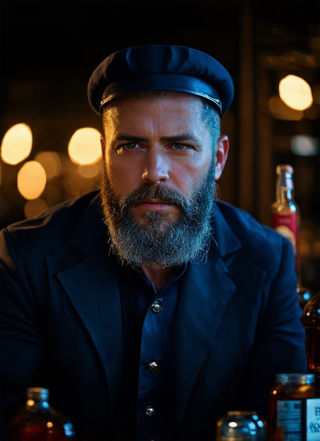 cinematic photo Portrait photography, (Old seaman with scruffy beard:1.3), Off-center composition, Glimmering eyes, (Bottle of whiskey nearby:1.2), Intense atmosphere, Cinematic light, Subtle glows, Shallow focus, (Soft and dreamy:1.3), Luminous skin, Detailed textures, Cinematic realism, Iridescent sheen . 35mm photograph, film, bokeh, professional, 4k, highly detailed