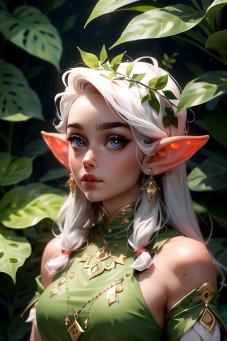 (masterpiece, best quality, sfw, by Sasha Khmel), 1girl, portrait, detailed eyes, long white hairs, elf ears, leaf outfit, forest, <lora:Sasha_Khmel_style_v1:0.9>