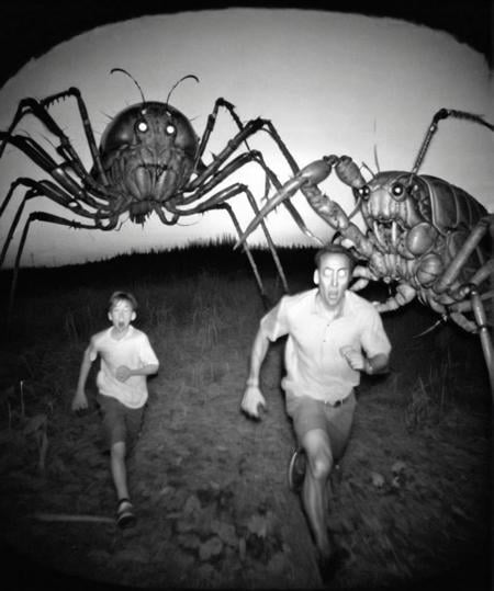 Camera trap, monochrome, A boy runs away from a giant bug, horror   <lora:Camera_trap:1>