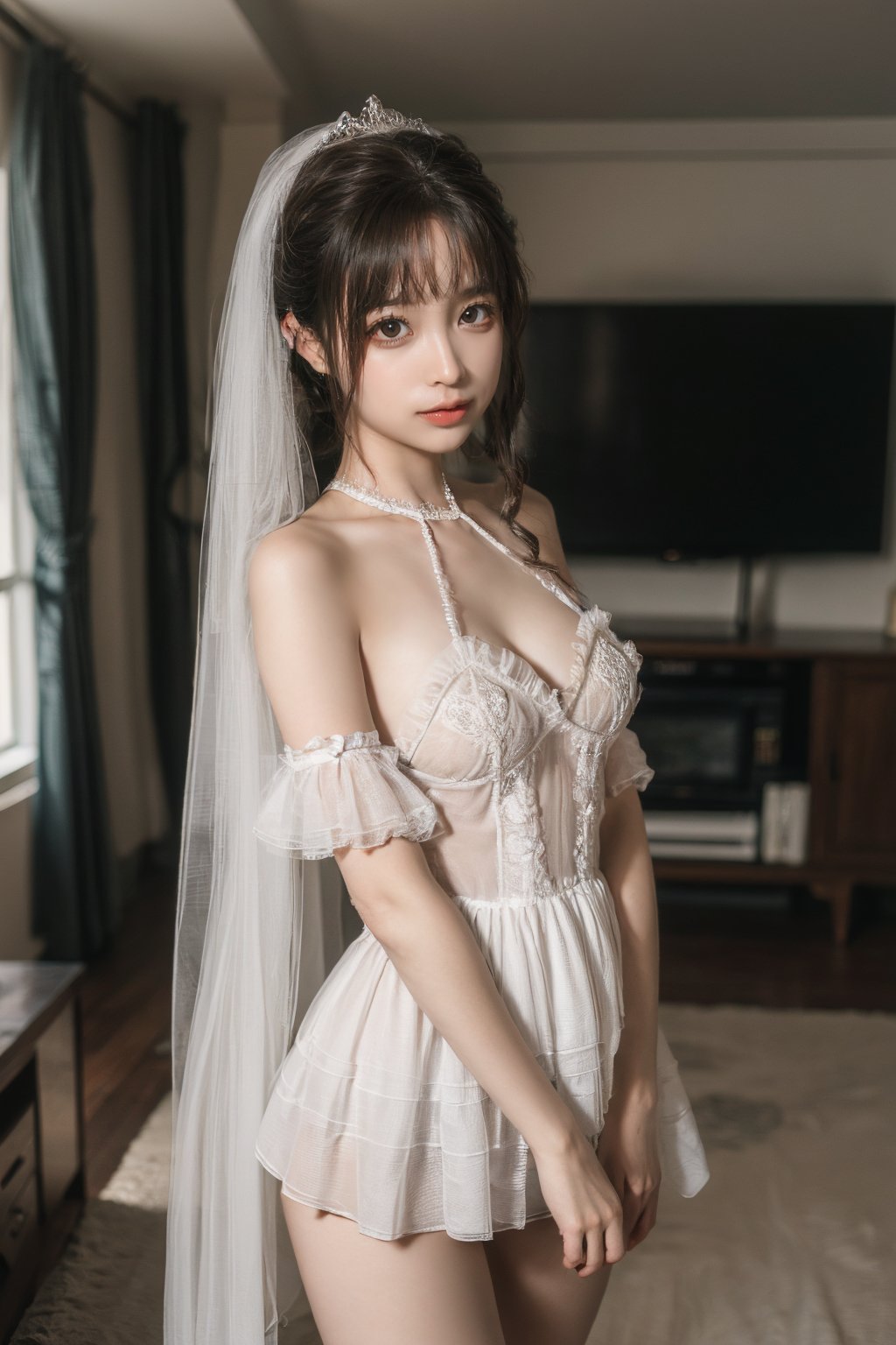 best quality,HDR,UHD,8K,Vivid Colors,solo,front mirror,photo_(medium),cute & girly,(1girl:1.3),(looking at viewer:1.4),<lora:add_detail:0.5>,standing,(living room:1.4),<lora:momo:0.85>,<lora:rc24:0.75>, rc,bridal veil,