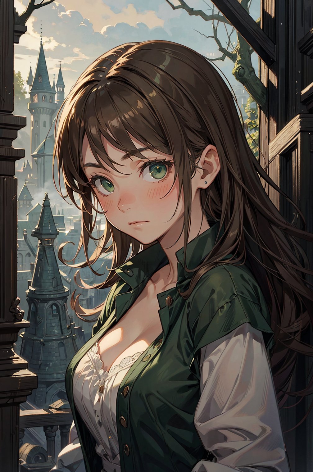 anime, masterpiece, moody atmosphere, fog, best quality, by professional artist, 1girl, upperbody portrait, closed mouth, detailed comoposition, cleavage, light brown hair, green eyes, blushing, dark clothes, castle on background, night, best composition, female focus, solo, dead trees