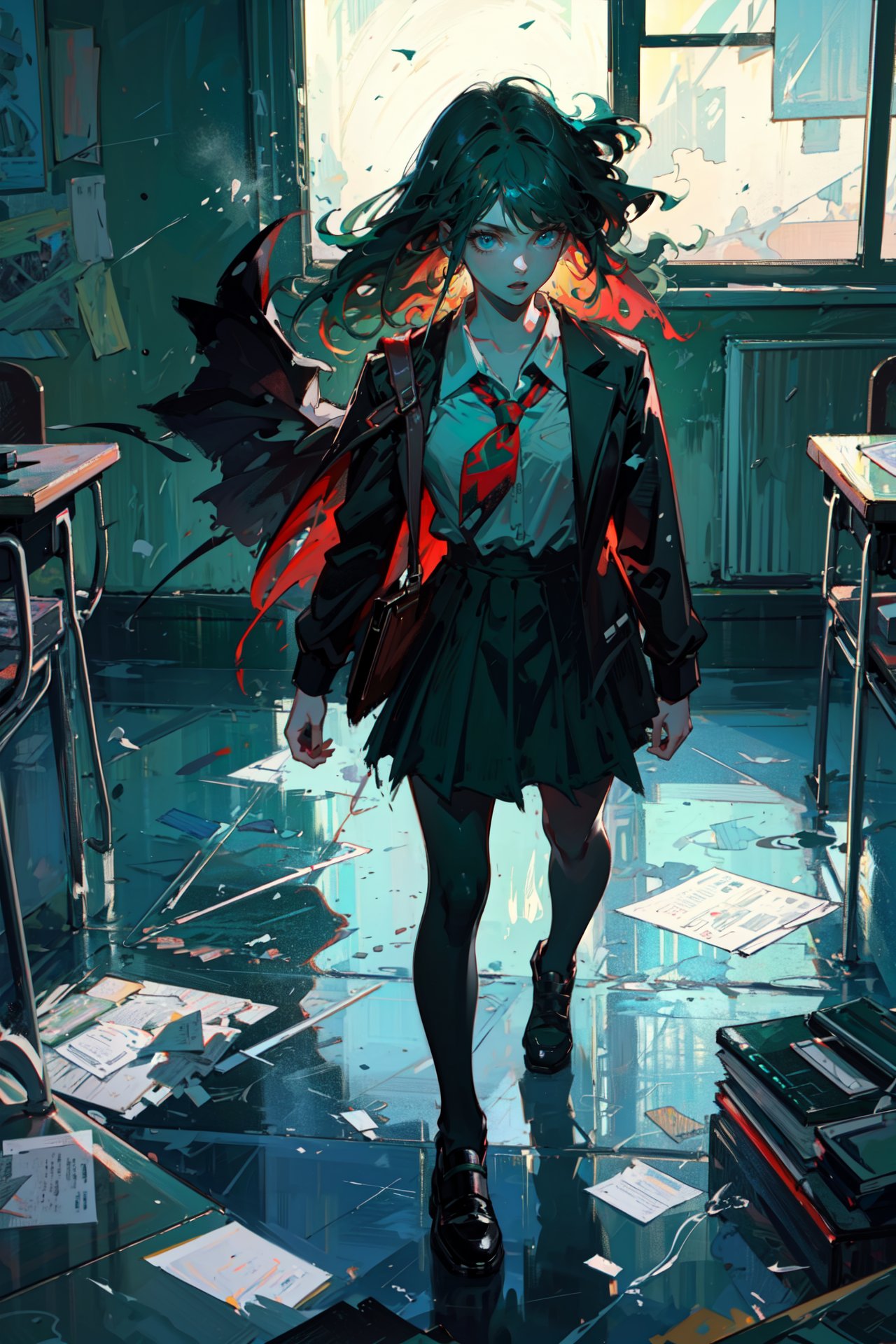 ((best quality, masterpiece, absurbres, super-resolution)), (((analog horror))), old classroom, retro, static noise, Black school uniform, (messy), (Dark Green, Dark Red)