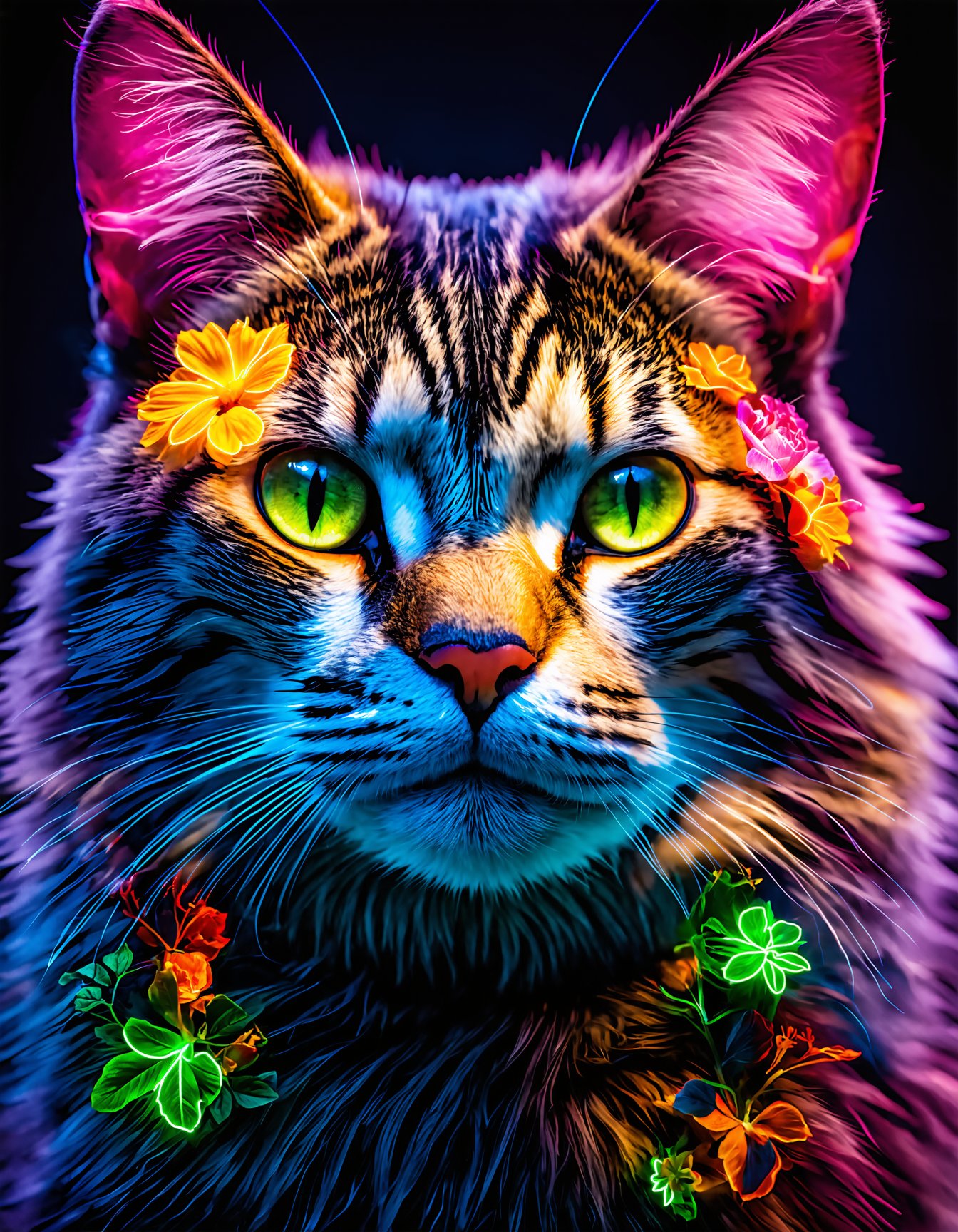 A vibrant and hyper-detailed portrait of a cat's face illuminated with neon light. Its face is adorned with intricate, glowing floral patterns and botanical elements. Its eyes are glowing neon green, and its fur is highlighted with neon light. The background is dark, enhancing the glow of the neon details. The overall style is a fusion of neon art and botanical motifs, creating a mesmerizing and surreal composition. (hyper-detailed, neon light, glowing floral patterns, botanical elements, neon green eyes, neon-highlighted fur, dark background, fusion of neon art and botanical motifs, mesmerizing, surreal) , Ultimate Realism - High Detail Enhancement.safetensors