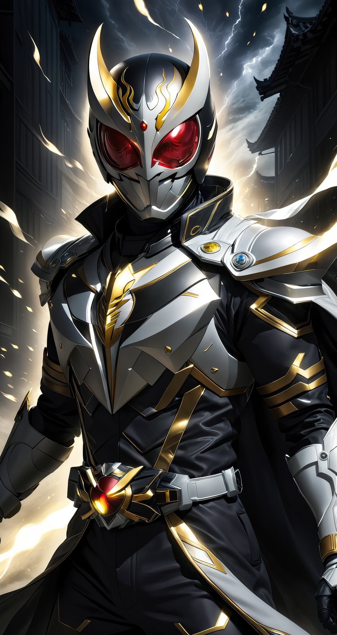 Kamen rider style, a masked hero in the midst of light and shadow, wearing a phantom war coat and a mysterious mask, galloping through the night to protect the peace of the citizens. Thunder strikes, breaking the forces of darkness, the light of justice, illuminating the way forward.