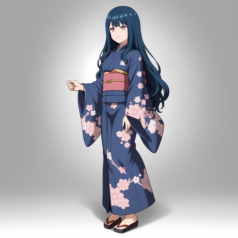 <lora:YuuNozakiXLpony001>,parted lips,solo,YuuNozaki,1girl,blue hair,long hair,pink eyes,full body,standing,print_kimono,