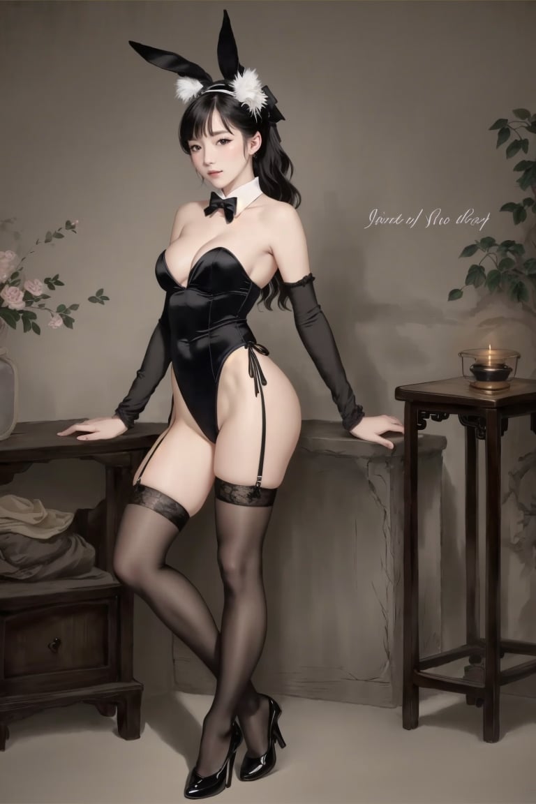 ((HRD, HUD, 8K)),((masterpiece, best quality)), highly detailed, soft light,InkAndWash, 1girl, solo,  nimal ears, playboy bunny, rabbit ears, long hair, high heels, bow, black footwear, breasts, detached collar, leotard, bowtie, wrist cuffs, fake animal ears, black bow, bare shoulders, medium breasts, cleavage, strapless leotard, arm strap, thighhighs, chinese text, black hair, standing, full body, black thighhighs, , <lora:20240415-1713175931242:0.8>