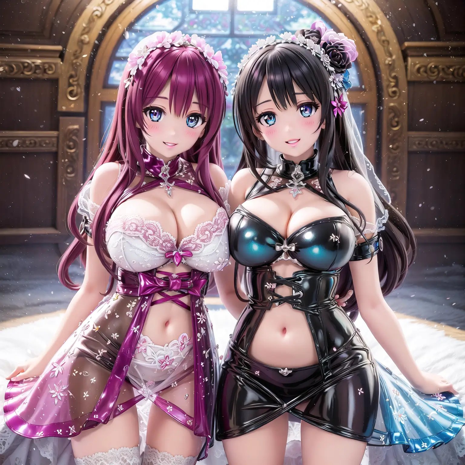 masterpiece, lesbiian 2girl yuri, dynamic poses, ((Empyrean goddess)), portrait, European house, precure face, nsfw, (transparent wedding dress, dress, breast curtains, pelvic curtain), (gothic latex corset), black latex gloves💍, ((wide hips, torpedo gigantic breasts, narrow waist, oppai_loli)), (((see-through chest))), yumekawa Magenta hair, maebari, seductive smile, parted lips, detailed fingers 5 fingers absurdres, cute beautiful eyes detailed pupils cute, circle white pupil anime cute, f1.4 bokeh, (dlsite eroge 3D cg game HCG:1.1), low contrast, (game 3D illustration), (cinematic lighting), ((raytracing, global illumination)), raytracing, radiosity, global illumination, (detailed sharpness:1.3), ultimate quallity, 