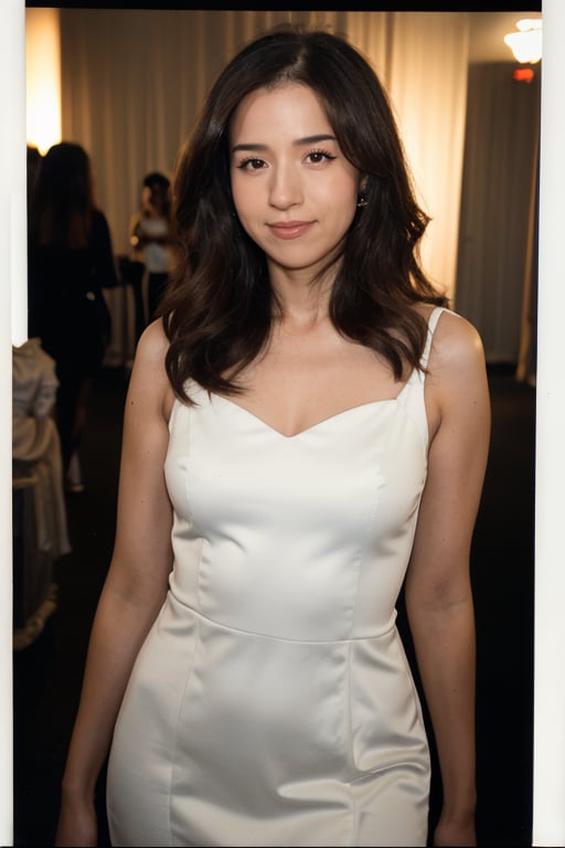 pokimane, grainy polaroid, woman wearing an elegant white gala dress, convention center, specular lighting <lora:pokimane_sd1.5_ZnLn:0.50>,  normal quality, 