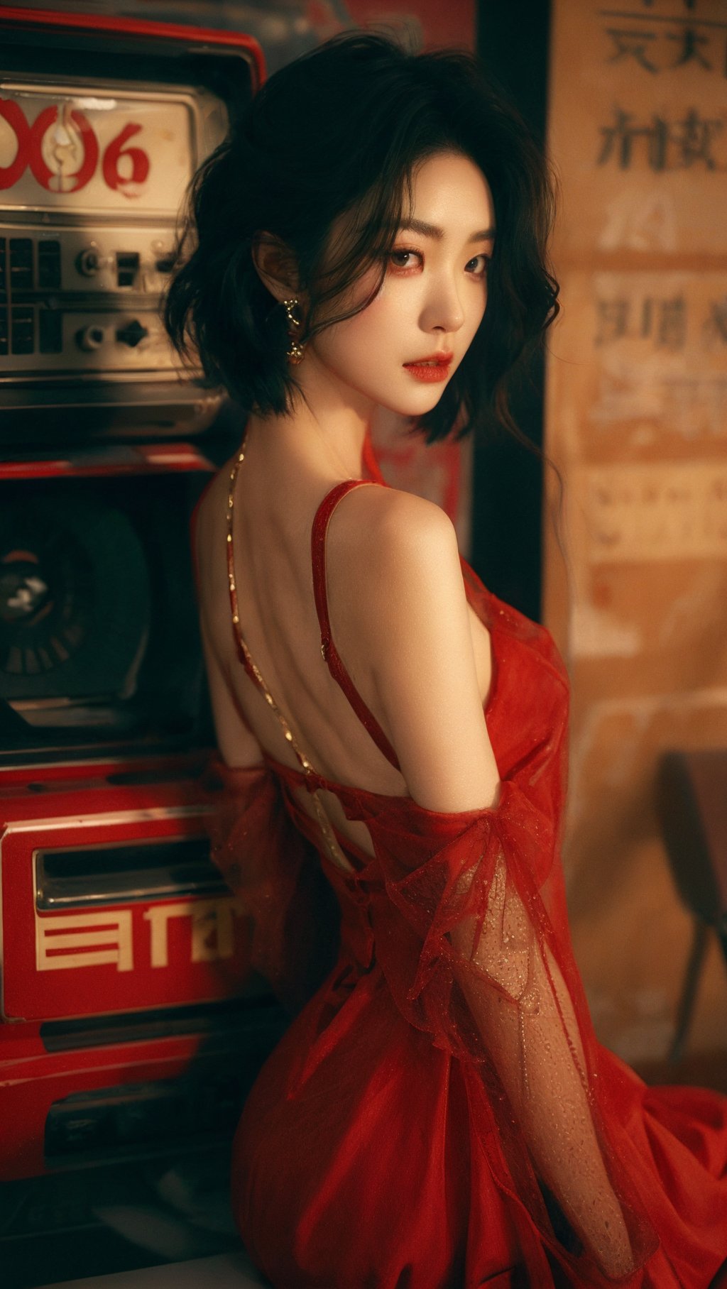 sdmai, hongchen, 1girl, solo, red dress, black hair, realistic, jewelry, short hair, earrings, dress, looking at viewer, looking back<lora:SDMAI红尘hongchen:0.7>,