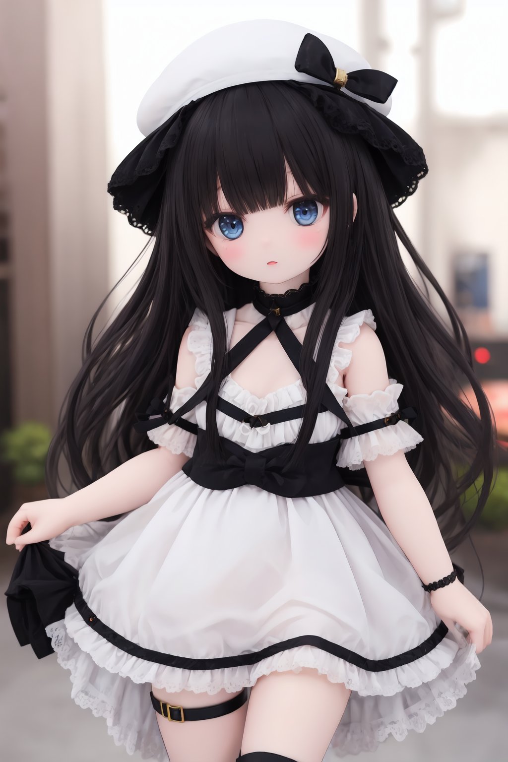 black_hair,blurry,blurry_background,blurry_foreground,depth_of_field,dress,hat,holding,motion_blur,thigh_strap,<lora:doll-v1:0.5>,