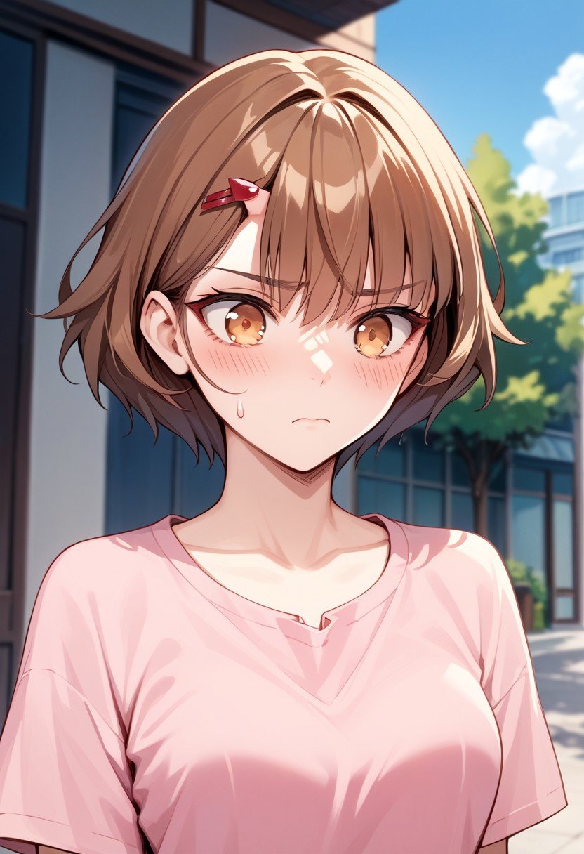 score_9,score_8_up,score_7_up,source_anime, Androssi Zahard,1girl,solo,blush,hair ornament,closed mouth,upper body,hairclip,sweatdrop,meme,pink shirt,