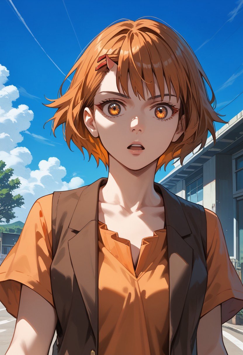 score_9,score_8_up,score_7_up,source_anime, Androssi Zahard,1girl,solo,looking at viewer,open mouth,shirt,hair ornament,collarbone,upper body,short sleeves,outdoors,parted lips,sky,day,hairclip,cloud,vest,blue sky,parody,meme,orange shirt,orange vest,