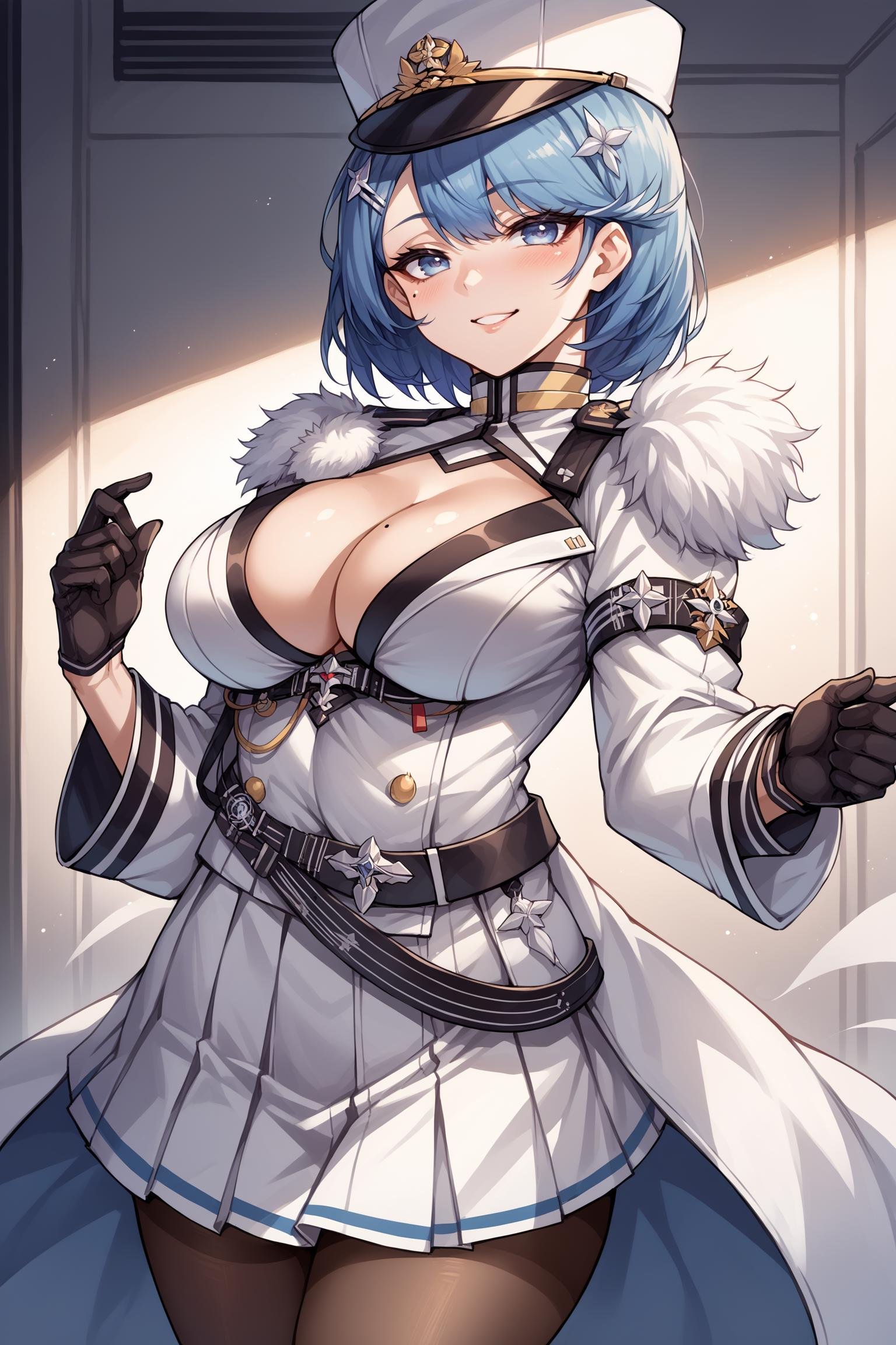 score_9, score_8_up, score_7_up, , rating_general,1girl ,cpysd, short hair,  military hat, hairclip, mole on breast, fur-trimmed jacket, cleavage cutout, armband, military uniform, aiguillette, black gloves, belt, pleated skirt, pantyhose, source_anime, naughty face,  cowboy shot,   <lora:ChapayevPDCAMEv1.4 AL-000008:1>