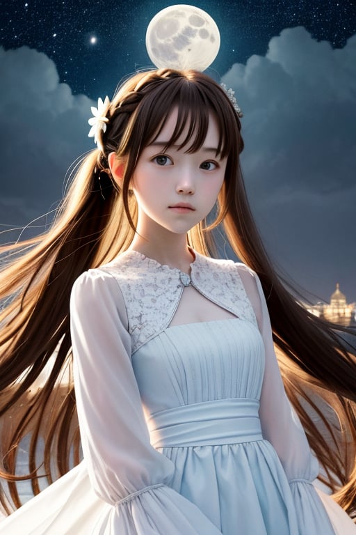 {masterpiece},extremely detailed 8K wallpaper,highres,focus on character,1girl,{{upper body}},hair flower,highly detailed long hair,floating hair,halo,light blue eyes,{{delicate face}},cute,detailed starry sky,snowflakes,full moon,moonlight,floating city, brown braid updo,