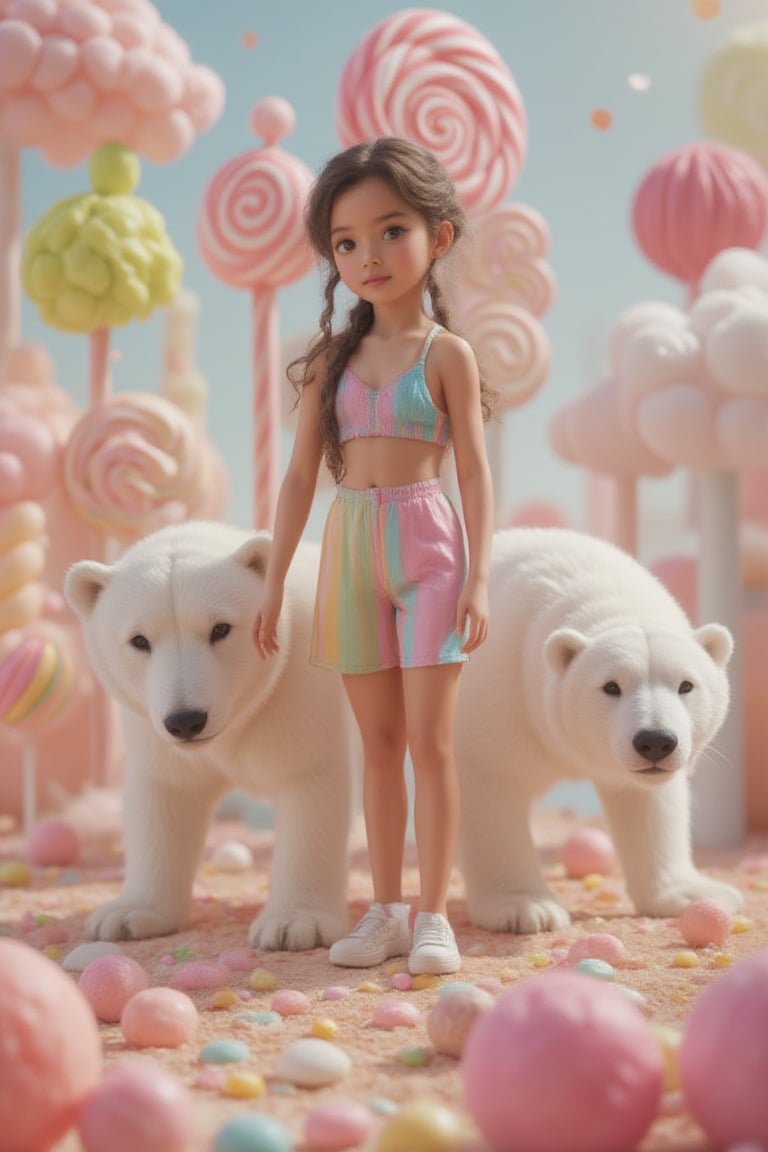 Vibrant candy world, a warm-skinned Latina girl with curly brown hair and colorful outfit, stands amidst swirling lollipops and gummies, accompanied by her loyal white teddy bear friend, surrounded by soft, golden lighting.