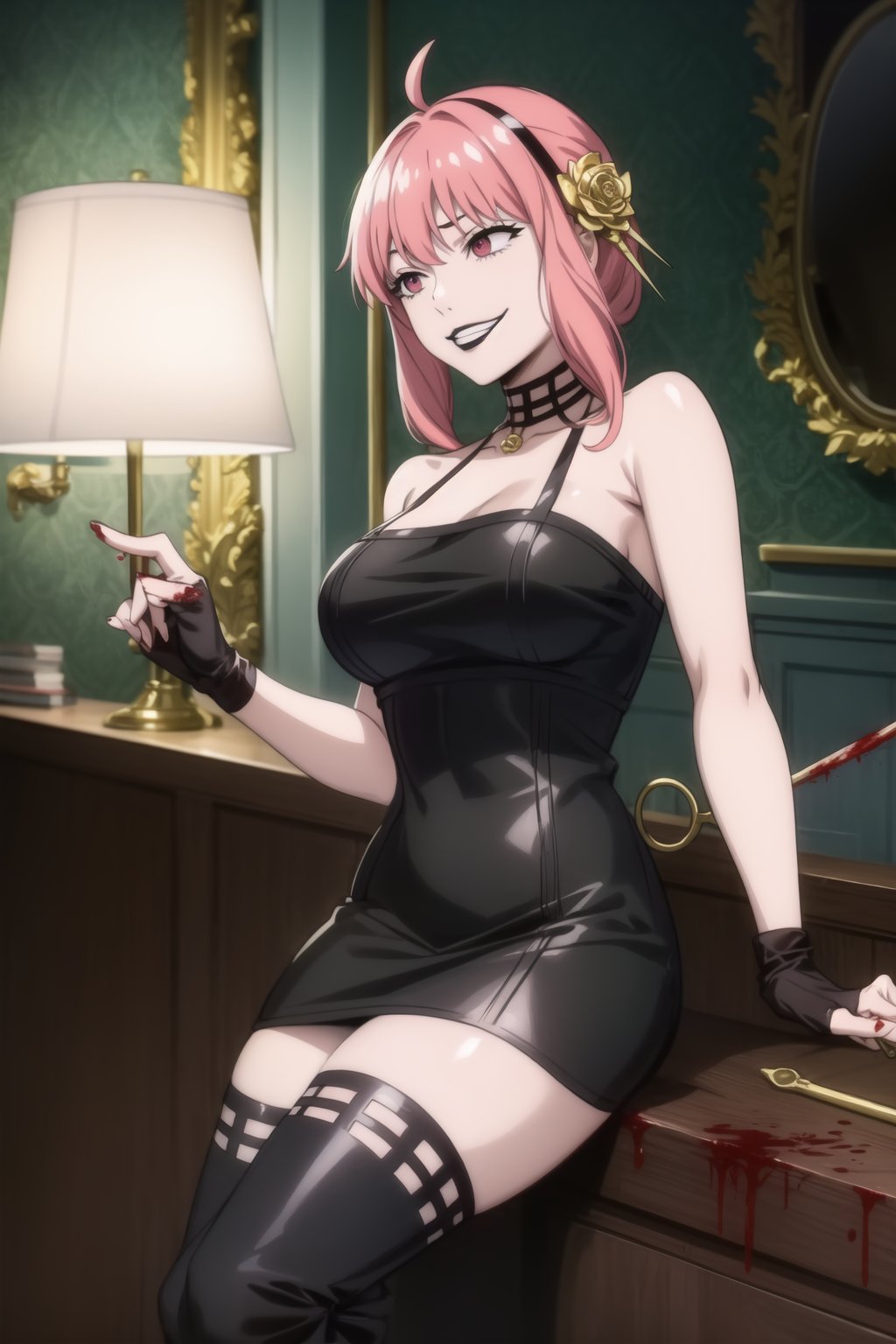 ((best quality)), ((highly detailed)), masterpiece, ((official art)), ((holding weapon)), (blood:1.3), (lips), black lips:1.3, makeup:1.2, lipstick:1.2, indoors, bar stack, anya forger, sitting, bangs, short hair, pink hair, ahoge, hair ornament, grin, smirk, gold hairband, hair ornament, gold earring, large breasts, choker, bare shoulders, black dress, two-sided dress, fingerless gloves, thigh boots, makeup, (confident, sexy),, (cyberpunk:1.2), girl, dramatic reveal, suspenseful, urban environment, mysterious ambiance, dramatic lighting, cinematic scene, self-transformation, supernatural, otherworldly, metamorphosis, mystical, mystical energy, power awakening., intricately detailed, hyperdetailed, blurry background, depth of field, best quality, masterpiece, intricate details, tonemapping, sharp focus, hyper detailed, trending on Artstation, 1 girl, high res, official art, fantasy00d,fantasy00d,IncrsAnyasHehFaceMeme,black lips<lora:EMS-14325-EMS:0.800000>, <lora:EMS-93-EMS:0.400000>, <lora:EMS-88921-EMS:0.800000>, <lora:EMS-45712-EMS:0.500000>, <lora:EMS-401523-EMS:1.000000>