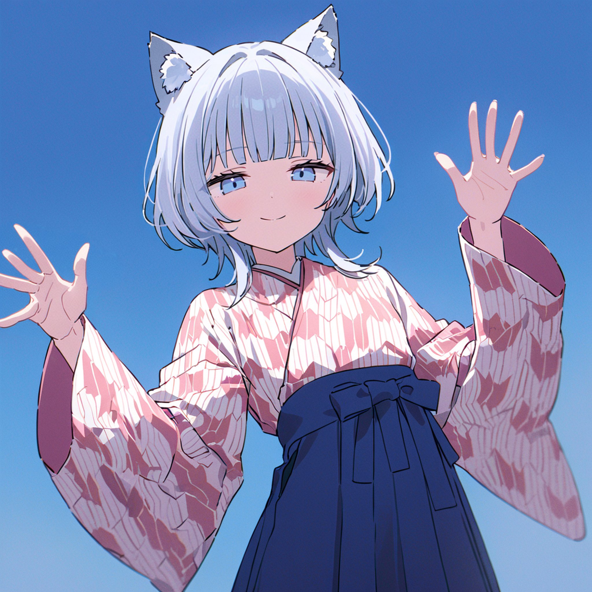 score_9, score_8_up, score_7_up, score_6_up, source_anime, best quality, hires, film grain, cinematic lighting, ([blue|violet]:1.2)1girl, solo, standing, white hair, wolf cut, white cat ears, blunt bangs, sidelocks, blue eyes, jitome, blue hakama, (pink furisode:1.2), (yagasuri:1.2), brown boots, blue sky, (simple light blue background:1.1), smile, waving, looking at viewer, <lora:hakama:1>, <lora:Wolf_Cut:0.7>