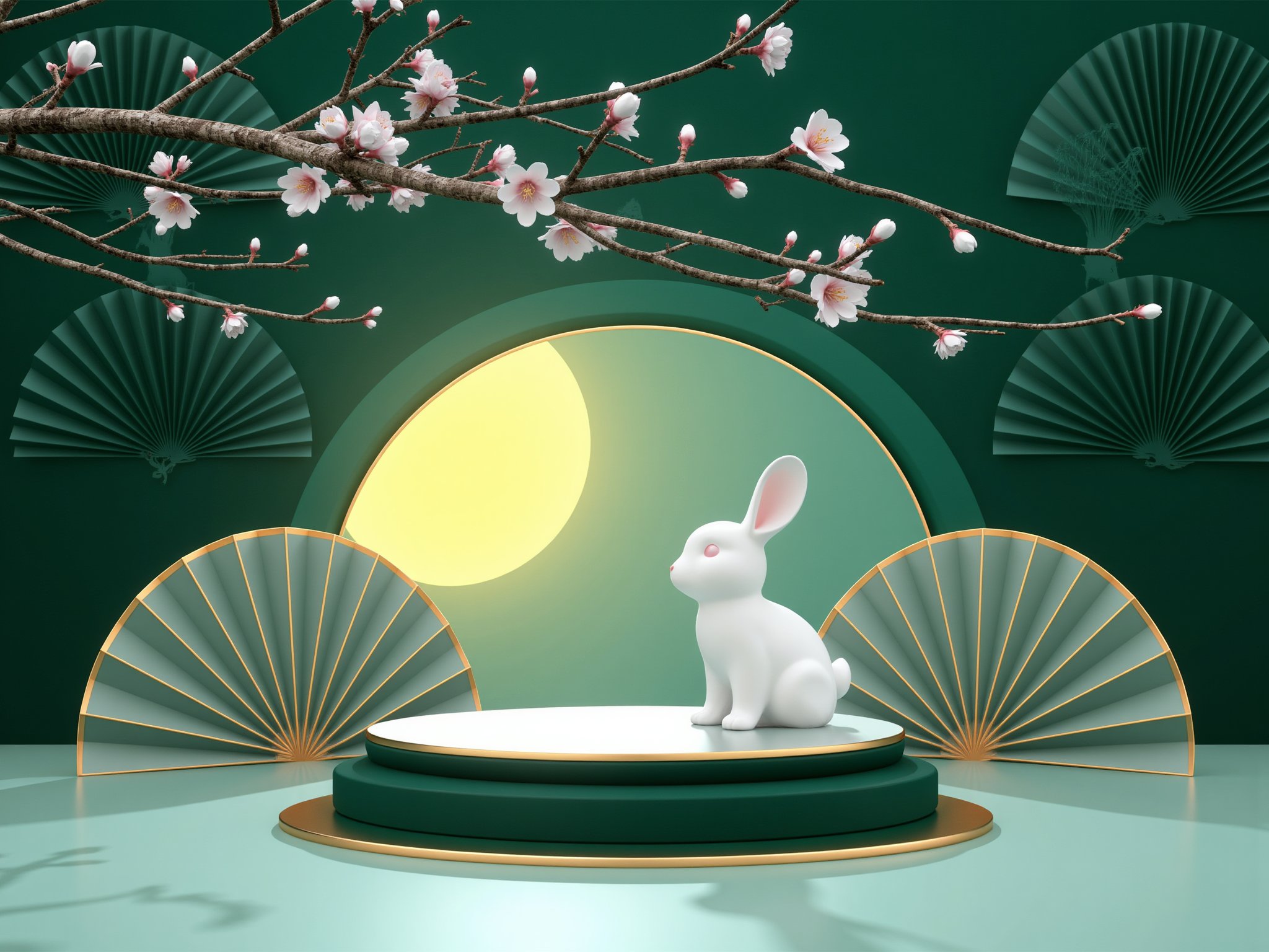 zhongqiu_booth, photograph, ethereal night scene, moonlit night, cherry blossoms on a tree branch, white rabbit, green background, golden fan decorations, circular stage, soft lighting, serene atmosphere, traditional japanese elements, elegant and tranquil mood,<lora:flux-zhongqiu-booth:0.8>