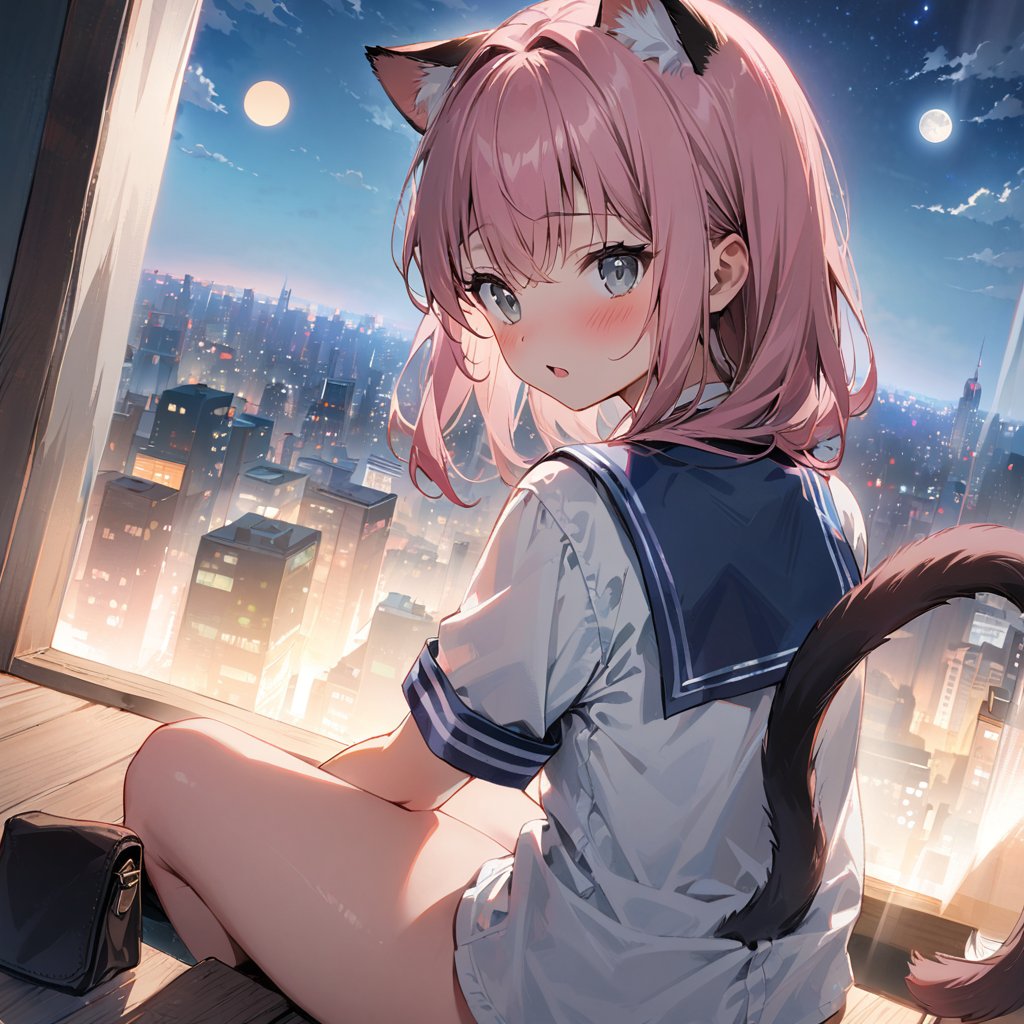 1girl,solo,animal ears,tail,cat ears,pink hair,window,underwear,jk,cat tail,looking at the audience,sitting,jk,night,long hair,sailor collar,school uniform,animal ear velvet,cityscape,moon,short sleeves,no pants,blush,shirt,gray eyes,serafuku,full moon,white shirt,catwoman,night sky,indoors,bangs,blue sailor collar,thighs,sky,looking back,city lights,between legs,open lips,masterpiece,best quality,