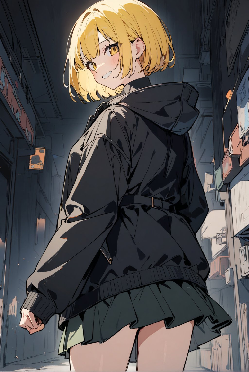 1girl, yellow hair, short hair, bob cut, black Parka, Skirt, cowboy shot, looking back, smile,best quality, newest, absurdres