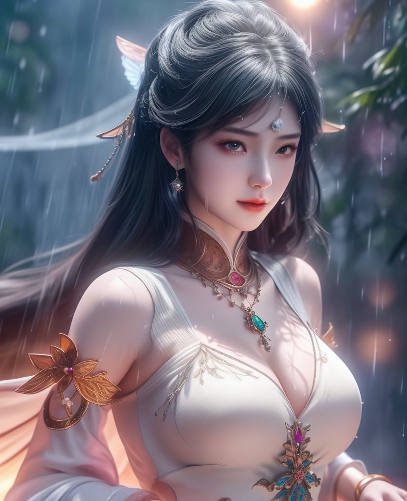 <lora:斗罗大陆-唐舞桐-海神缘:0.8> (,1girl, ,best quality, ),looking at viewer,  ,,ultra detailed 8k cg, ultra detailed background ,ultra realistic 8k cg,          cinematic lighting, cinematic bloom, (( , )),,  , unreal, science fiction,  luxury, jewelry, diamond, pearl, gem, sapphire, ruby, emerald, intricate detail, delicate pattern, charming, alluring, seductive, erotic, enchanting, hair ornament, necklace, earrings, bracelet, armlet,halo,masterpiece, (( , )),, realistic,science fiction,mole,   ,cherry blossoms,,(((Best quality, masterpiece, ultra high res, (photorealistic:1.4), raw photo, 1girl, ,rain, , sunlight, sunset, qianqiu wanxia,     )))  (cleavage), (),