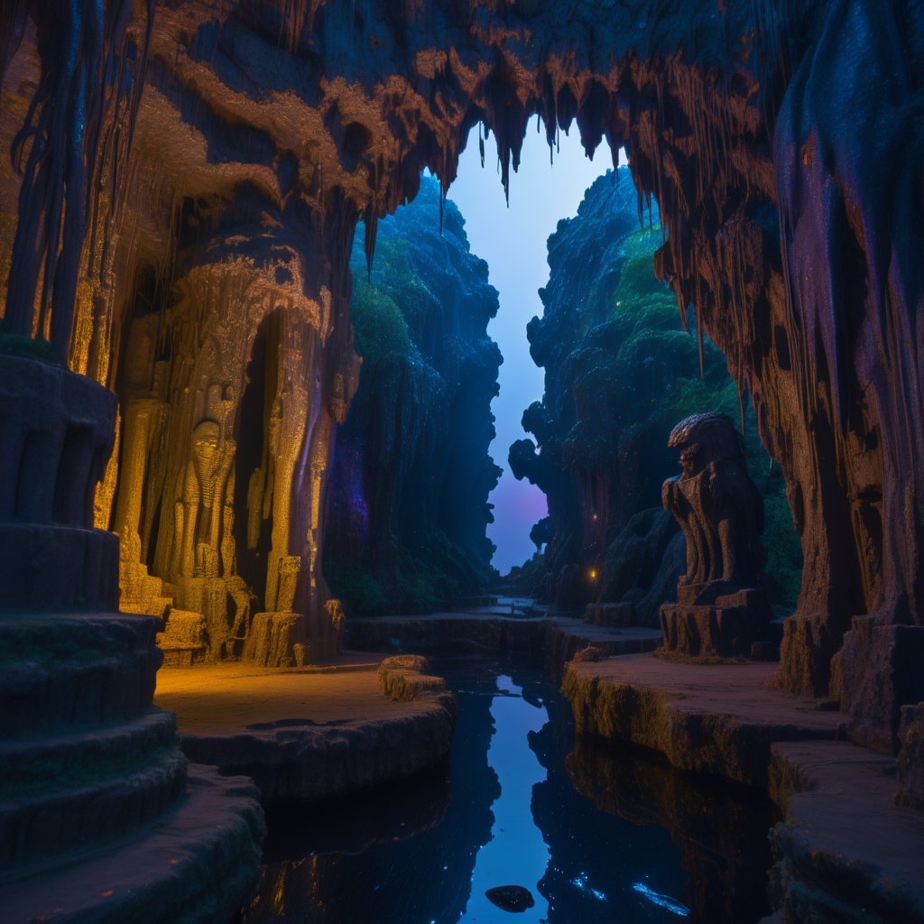 photograph, landscape of a Mythical Grotto from inside of a Harare, at Twilight, Depressing, Cloudpunk, Cold Lighting, dynamic, Nikon d850, Depth of field 270mm, Amaro, Golden ratio