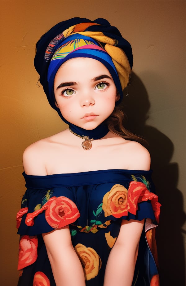 photorealistic, upper body, stand, 1girl 17 year-old, thick eyebrows (Turbant:1.2), super detailed skin texture, looking at viewer, black hair, off shoulder floral dress bright and very colorful, silver blue,  photo studio, dark simple blurred background, perfectly illumination,<lora:detail_slider_v4:1> <lora:flashphoto:1> <lora:InstantPhotoX3:0.3> <lora:Turbant:1> <lora:NightphotoV1-0:0.3>