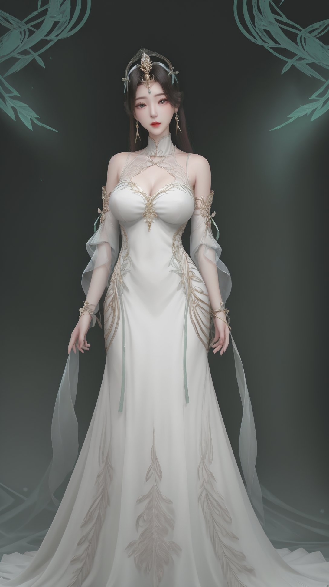 (1girl),smooth chin,masterpiece,detailed face,((hair ornament)),top quality,4k,make up,best quality,large breasts,(looking at viewer),green line on white dress,hair pin,detached sleeves,mature female,forehead mark,<lora:柳神SD1.5_v1.0:0.85>,gown,aged up,on street,ribbon,arms behind back,open arms,full body,