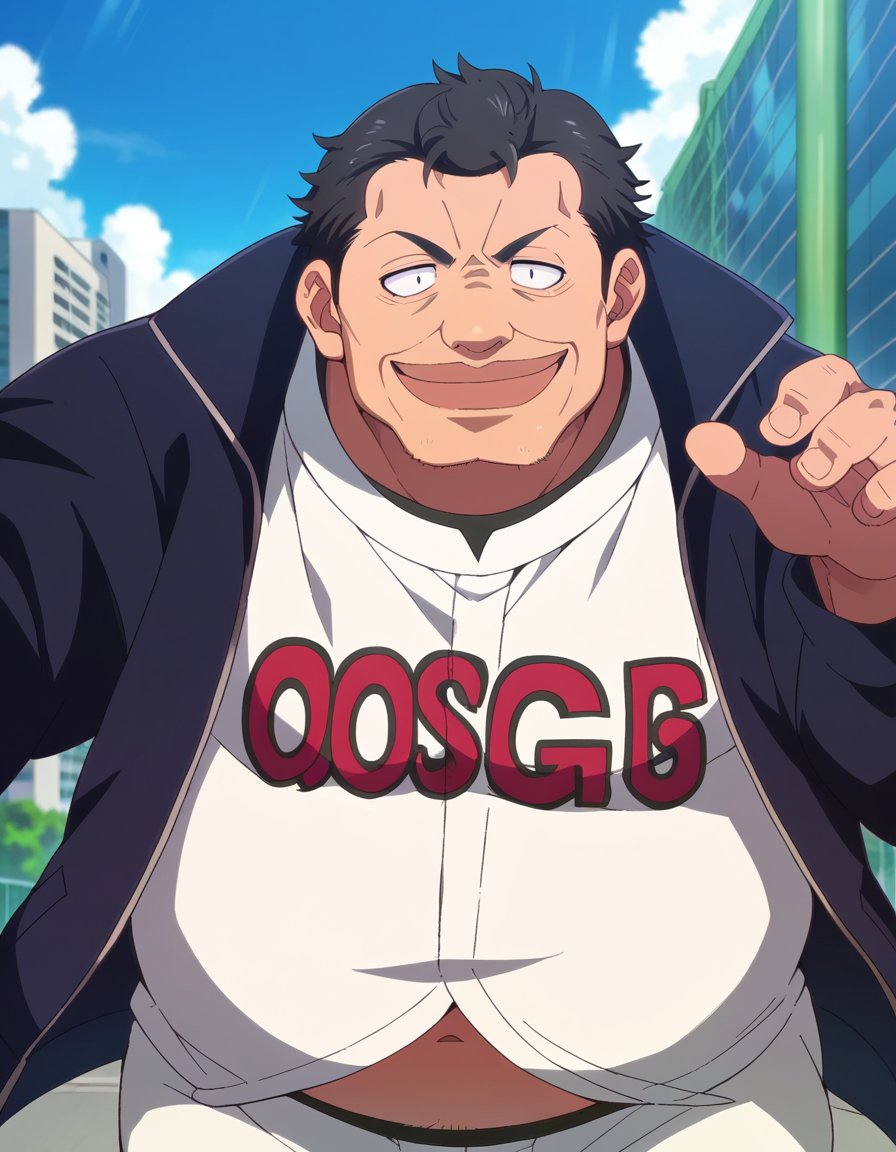 score_9, score_8_up, score_7_up, source_anime,gonzoukosugi, <lora:gonzou-kosugi-ponyxl-lora-nochekaiser:1>gonzou kosugi, short hair, black hair, male focus, facial hair, stubble, fat, fat man, black eyes,shirt, jacket, white shirt, open clothes,outdoors, cityscape, smile,looking at viewer, dutch angle, cowboy shot