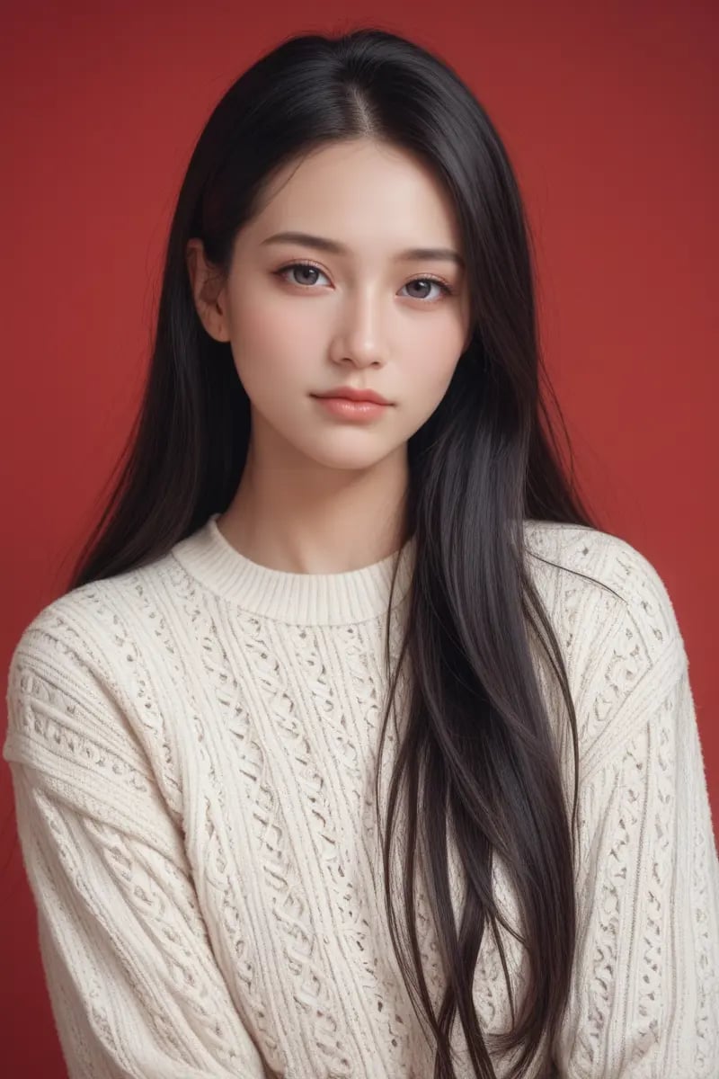 ,score_9,score_8_up,score_7_up, 20 years old, 8k, hd, beautiful girl, black hair, very long hair, straight hair, closed mouth,1girl, detailed face, beautiful woman's face, sweater, red background, looking at viewer,