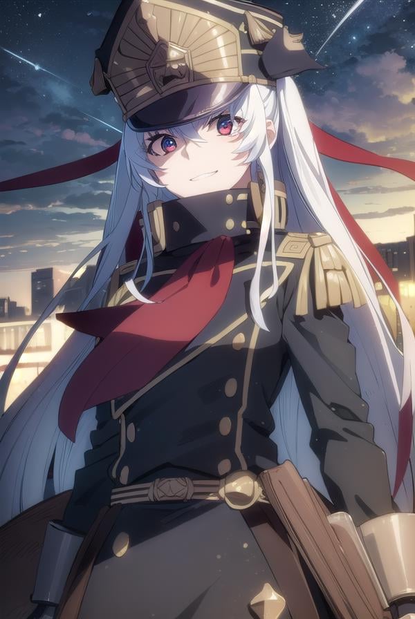 recreatorsaltair, <lora:recreators altair s1-lora-nochekaiser:1>, altair, long hair, (red eyes:1.3), very long hair, white hair, smile, grin,BREAK gloves, hat, uniform, military, military uniform, shako cap,BREAK outdoor, city, night, sky, buildings, moon, clouds,BREAK looking at viewer, (cowboy shot:1.5),BREAK <lyco:GoodHands-beta2:1>, (masterpiece:1.2), best quality, high resolution, unity 8k wallpaper, (illustration:0.8), (beautiful detailed eyes:1.6), extremely detailed face, perfect lighting, extremely detailed CG, (perfect hands, perfect anatomy),