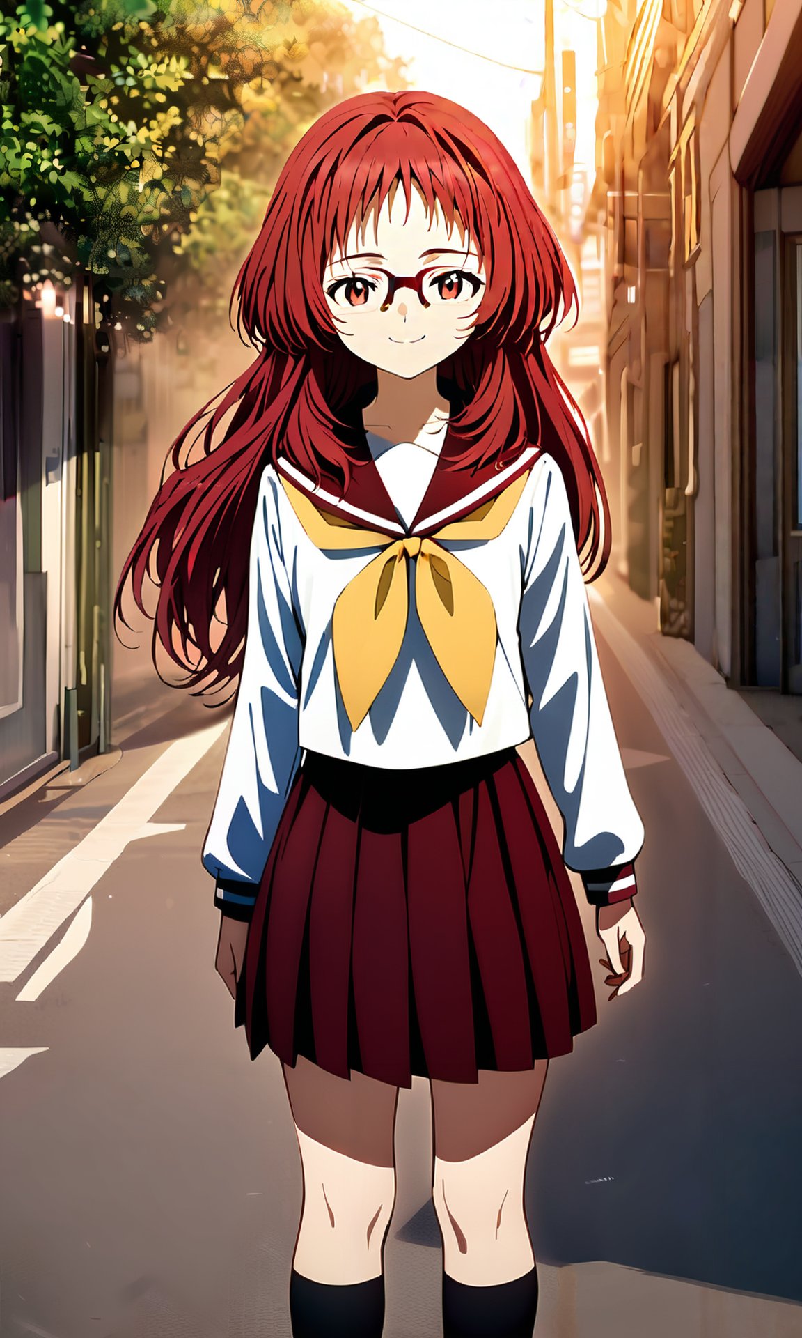 (masterpiece), (best quality), highres, general, (intricate details, very aesthetic), good hands, 1girl, <lora:ai_mie_AnimagineV1:1>, miewz, red eyes, glasses, red hair, long hair, serafuku, sailor collar, yellow neckerchief, white shirt, school uniform, red skirt, pleated skirt, black socks, standing, cowboy shot, looking at viewer, smile, cowboy shot, street, floating hair, nature, sunset, light rays<lora:sd_xl_dpo_lora_v1:1>