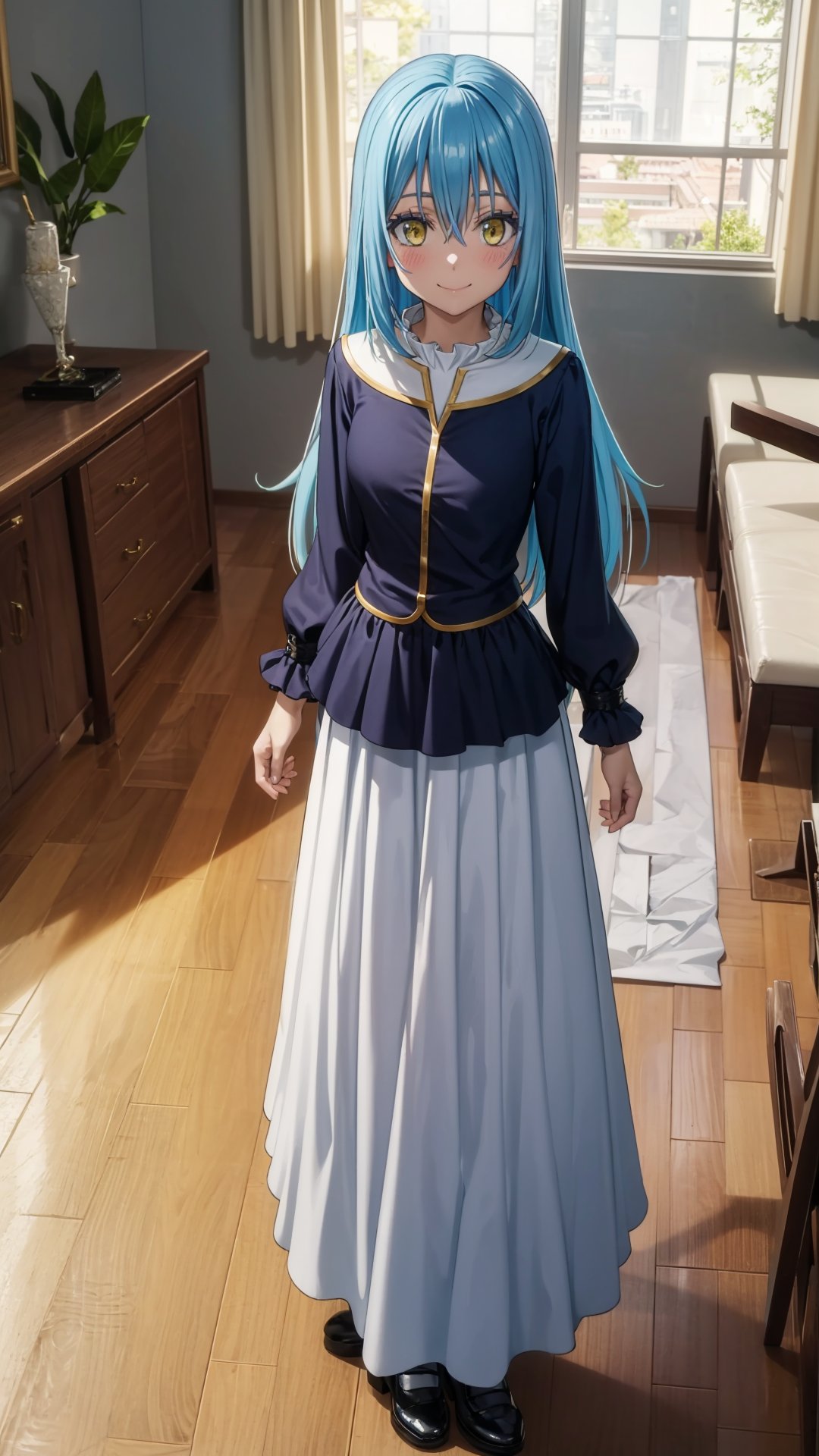 (masterpiece,  best quality),  ray tracing,  absurdres,  HDR, rimuru tempest, coleus, light blue hair, 1girl, long hair, yellow eyes, breasts,cowboy shot, looking at viewer, ,smile, long sleeves,  bangs, standing ,, closed mouth, skirt, hair between eyes, long skirt, solo,Mary Jane shoes, full body,blush,indoors,living room,sofa,<lora:rimuru coleus_v3:0.8>