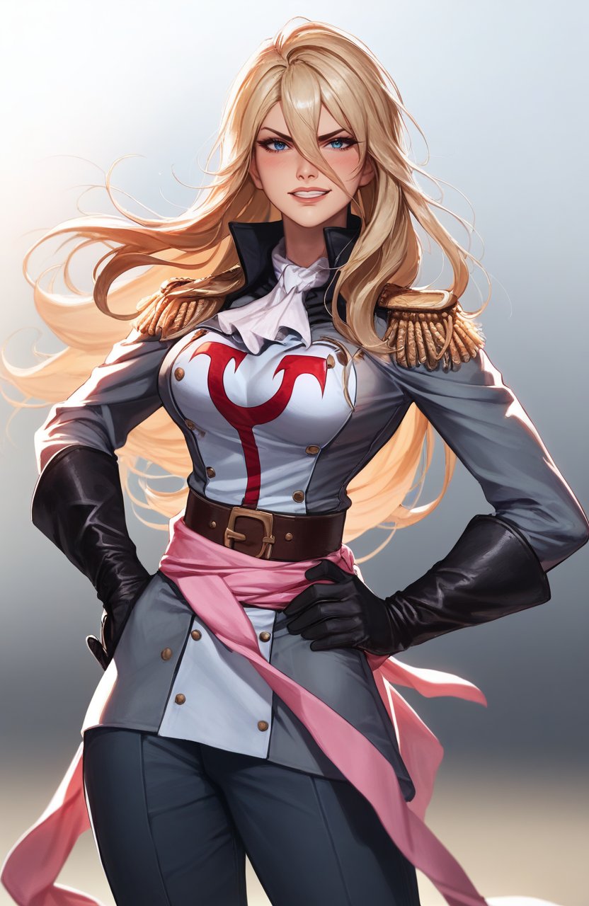 score_9, score_8_up, score_7_up, 1girl, <lora:THALIA:0.9>, long hair, blonde hair, lips, blush, blue eyes, hair between eyes, uniform, epaulettes, military uniform, ascot, pants, pink sash, shiny skin, looking at viewer, serious, fierce, grin, looking at viewer, hand on hip,<lora:Smooth Anime 2 Style SDXL_LoRA_Pony Diffusion V6 XL:0.9><lora:BlackComicPony:0.5>depth of field, blurry background, blurry foreground, sidelighting, backlighting, simple background, gradient background, foreshortening