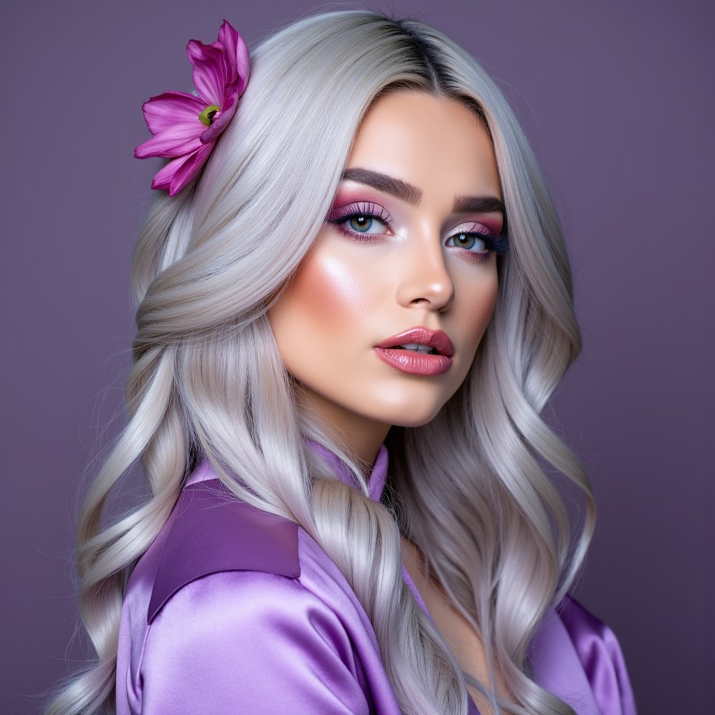 blond woman with long gray hair and purple blouse posing for a picture,modeling photograph kerli koiv,girl silver hair,long silver hair purple tips,color photograph portrait 4k,purple hair portrait of woman,wearing silver hair,flowy white grey hair,long silver hair with a flower,light iridescent hair color,portrait featured on unsplash,4k fashion *****,fashion ***** 8k,fashion portrait photo,blonde and silver hair,silver hair girl,girl with white hair,silver hair,white hair color,lavender and pink eyes,yulia nevskaya,purple makeup,aurora colored hair,long light purple hair,8k artistic portrait photography,lavender hair,fashion photography portrait,kerli koiv,white beautiful hair,style of julia razumova,silver haired,silver white hair,violet color,