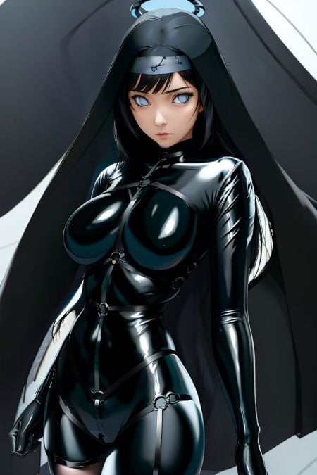 high resolution, masterpiece, high quality, anime, huge breasts,  <lora:SaintBarbara:1>, Hinata Hyuuga, long black hair, black latex bodysuit, body harness, nun habit, extremely glossy, hands on hips  <lora:Hinata[Shippuden]:.7>, black halo