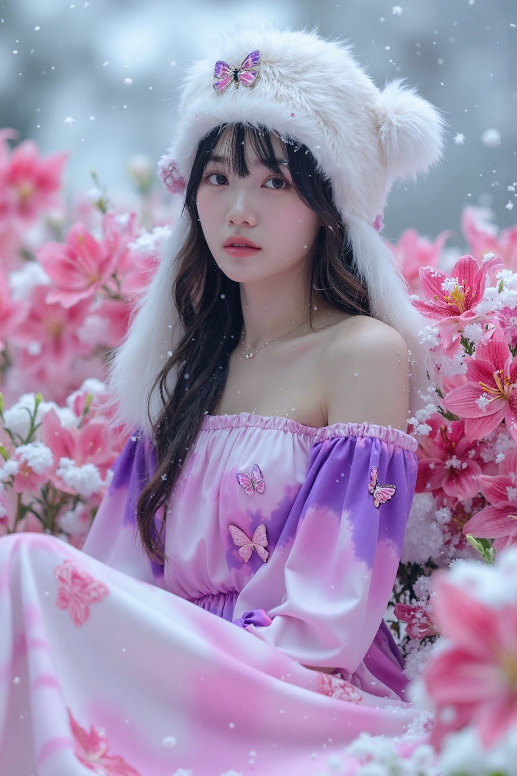 This image shows a young korean woman seated in a surreal, snowy landscape surrounded by vibrant pink and white lilies. She wears an off-shoulder pink and purple tie-dye dress with butterfly motifs, paired with a fluffy winter hat. Her dark wavy hair has lighter tips, complementing the dreamy, ethereal vibe of the scene. Snowflakes fall gently around her, contrasting with the blooming flowers, creating a magical blend of winter and spring.,<lora:flux_realism_lora:1>, . <lora:makinaflux_chaewon_v1.0:1>