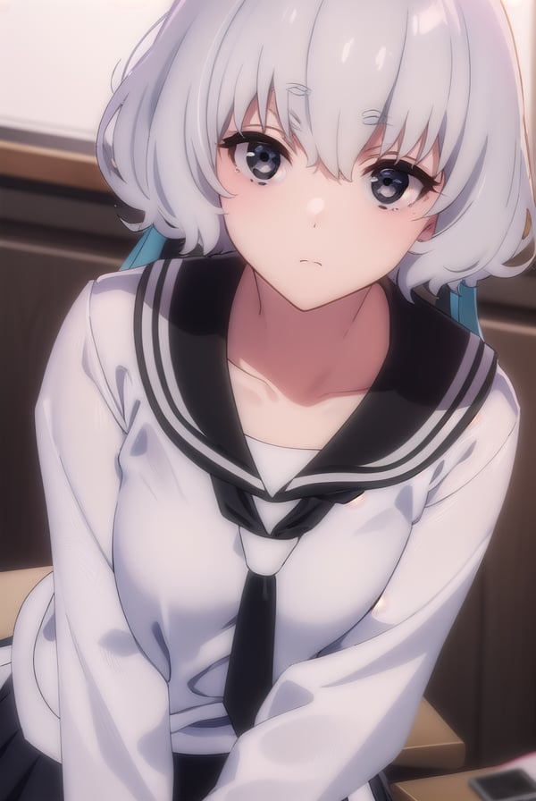 junkokonno, <lora:junko konno s2-lora-nochekaiser:1>,junko konno, low twintails, (black eyes:1.5), twintails, white hair,BREAK sailor dress, serafuku, skirt, school uniform, white necktie, necktie, long sleeves,BREAK looking at viewer, full body,BREAK indoors, classroom,BREAK <lyco:GoodHands-beta2:1>, (masterpiece:1.2), best quality, high resolution, unity 8k wallpaper, (illustration:0.8), (beautiful detailed eyes:1.6), extremely detailed face, perfect lighting, extremely detailed CG, (perfect hands, perfect anatomy),