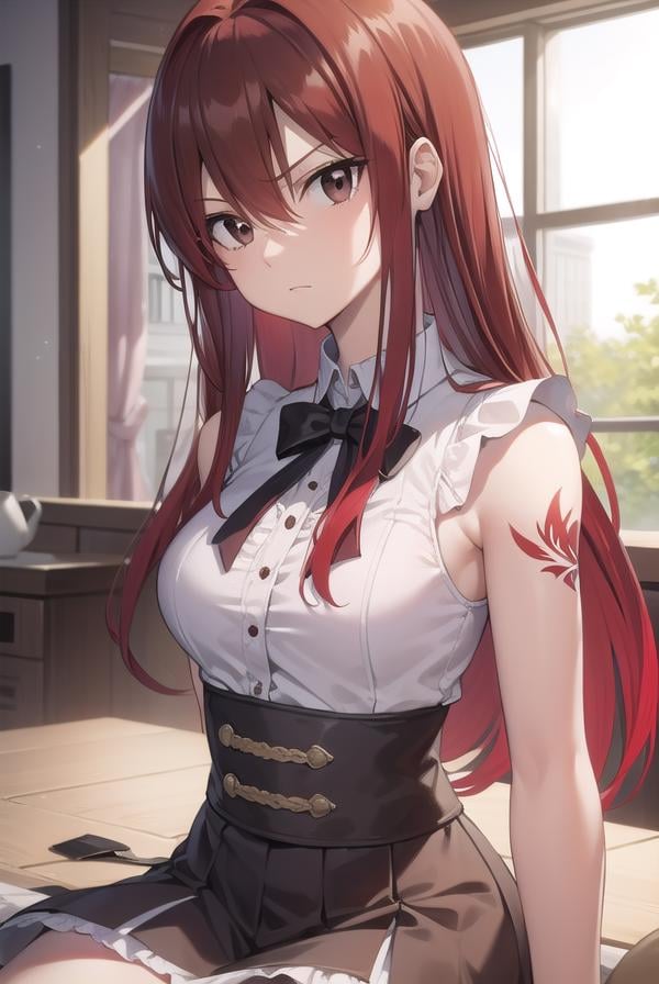 erzascarlet, <lora:erza scarlet v2-lora-nochekaiser:1>,erza scarlet, long hair, (red hair:1.5), hair between eyes, (brown eyes:1.7),BREAK skirt, shirt, bow, boots, sleeveless, sleeveless shirt, tattoo, white shirt, frills,BREAK indoors, guild,BREAK looking at viewer,BREAK <lyco:GoodHands-beta2:1>, (masterpiece:1.2), best quality, high resolution, unity 8k wallpaper, (illustration:0.8), (beautiful detailed eyes:1.6), extremely detailed face, perfect lighting, extremely detailed CG, (perfect hands, perfect anatomy),