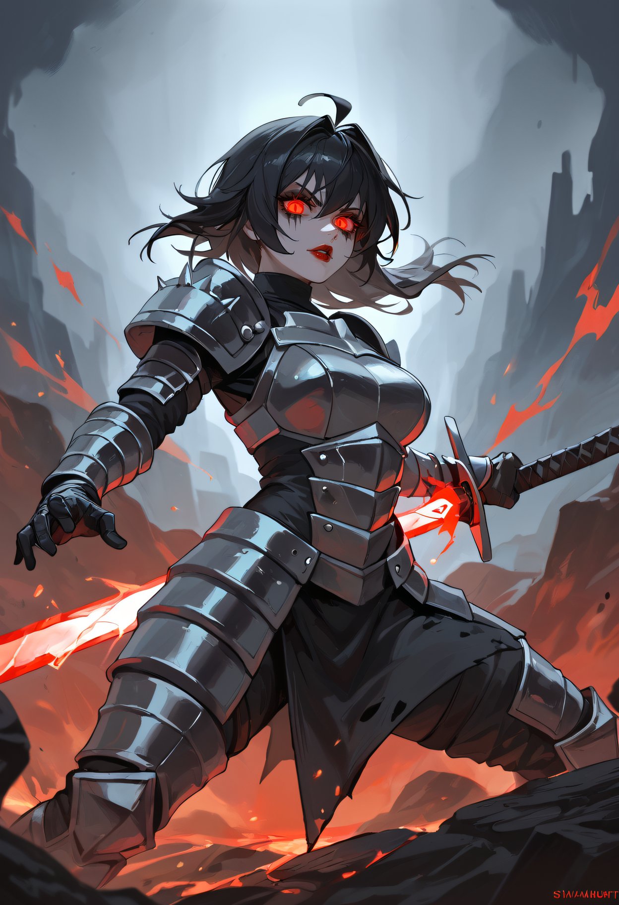 score_9, score_8_up, score_7_up, BREAK a stunning female hellknight, spiky armour, no helmet, glowing eyes, dark hair, bangs, dark eyeshadow, thin red lips, holding huge sword glowing red, dynamic pose, volcanic background