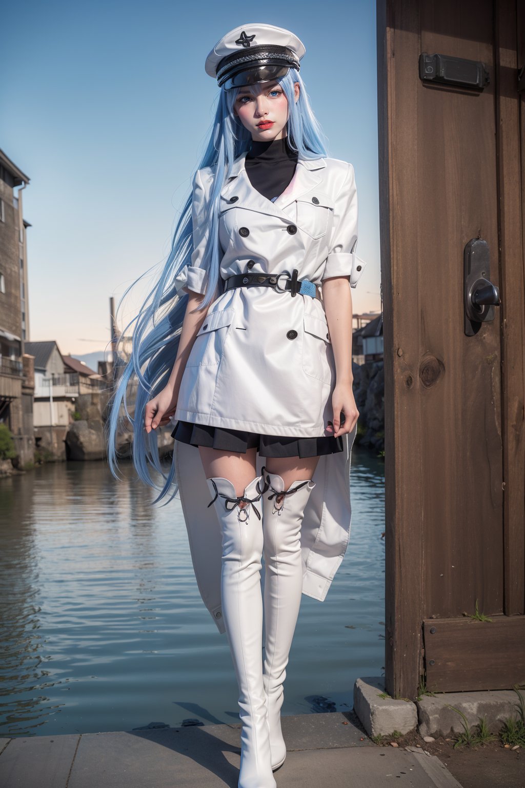 1girl, solo,  outdoor,(_actions_:1.3),(blue long hairs：1.5)（ large breasts：1.6）, hat,  lips, realistic, red lips, tattoo, looking at viewer, blue eyes, peaked cap,full body,white coat,white thigh boots，sky，on the water，sea，official art, extremely detailed cg 8k wallpaper,(extremely delicate and beautiful),solo, realistic, photo_\(medium\), hiqcgbody,  <lora:hiqcg_body_epoch:0.3:NF>,   <lora:dd-asds:0.55>